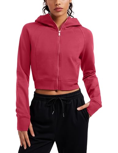 CRZ YOGA Damen Full Reißverschluss Fleece Hoodie Jacke Cropped Running Zip Up Laufjacke Workout Sport Sweatjacke mit Daumenloch Granatapfel 40 von CRZ YOGA