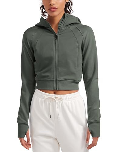 CRZ YOGA Damen Full Reißverschluss Fleece Hoodie Jacke Cropped Running Zip Up Laufjacke Workout Sport Sweatjacke mit Daumenloch Grauer Salbei 38 von CRZ YOGA