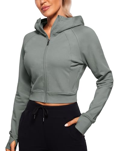 CRZ YOGA Damen Full Reißverschluss Fleece Hoodie Jacke Cropped Running Zip Up Laufjacke Workout Sport Sweatjacke mit Daumenloch Grauer Salbei 40 von CRZ YOGA