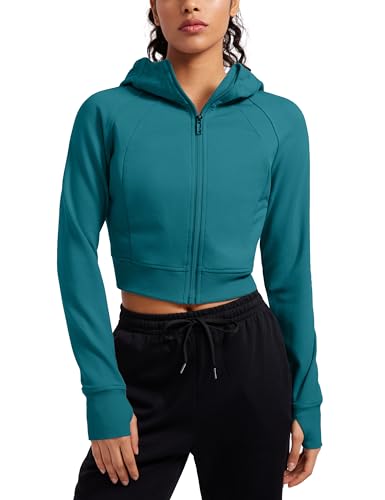 CRZ YOGA Damen Full Reißverschluss Fleece Hoodie Jacke Cropped Running Zip Up Laufjacke Workout Sport Sweatjacke mit Daumenloch Grüne Jade 38 von CRZ YOGA