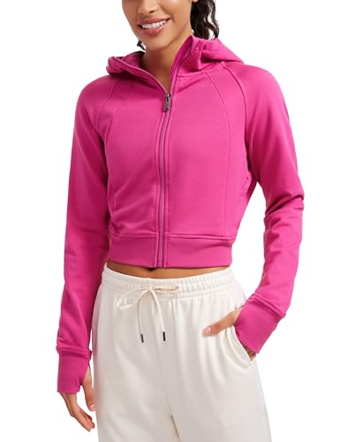 CRZ YOGA Damen Full Reißverschluss Fleece Hoodie Jacke Cropped Running Zip Up Laufjacke Workout Sport Sweatjacke mit Daumenloch Hibiskus-Purpur 40 von CRZ YOGA