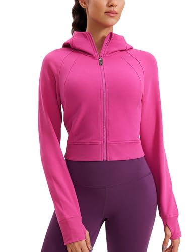 CRZ YOGA Damen Full Reißverschluss Fleece Hoodie Jacke Cropped Running Zip Up Laufjacke Workout Sport Sweatjacke mit Daumenloch Hibiskus-Purpur 42 von CRZ YOGA
