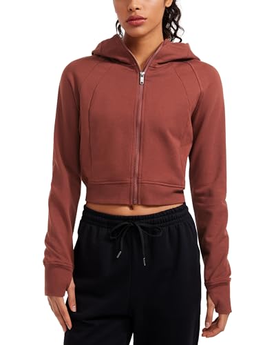 CRZ YOGA Damen Full Reißverschluss Fleece Hoodie Jacke Cropped Running Zip Up Laufjacke Workout Sport Sweatjacke mit Daumenloch Jujube Braun 38 von CRZ YOGA