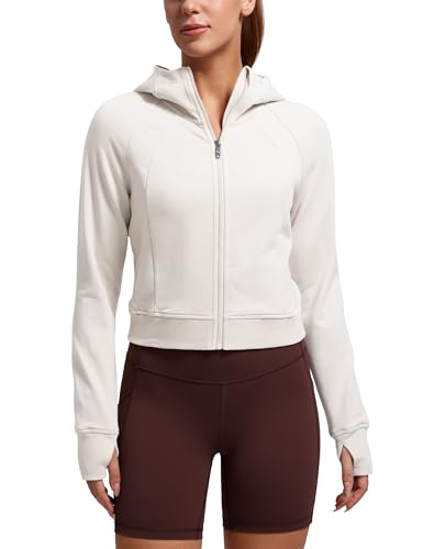 CRZ YOGA Damen Full Reißverschluss Fleece Hoodie Jacke Cropped Running Zip Up Laufjacke Workout Sport Sweatjacke mit Daumenloch Milchig Weiß 38 von CRZ YOGA
