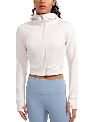 CRZ YOGA Damen Full Reißverschluss Fleece Hoodie Jacke Cropped Running Zip Up Laufjacke Workout Sport Sweatjacke mit Daumenloch Milchig Weiß 40 von CRZ YOGA