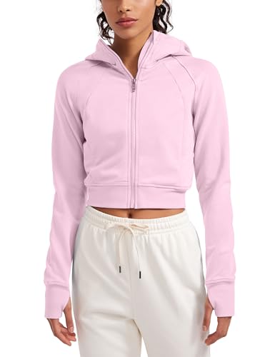 CRZ YOGA Damen Full Reißverschluss Fleece Hoodie Jacke Cropped Running Zip Up Laufjacke Workout Sport Sweatjacke mit Daumenloch Rosa Pfingstrose 40 von CRZ YOGA