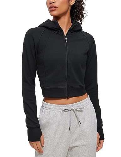 CRZ YOGA Damen Full Reißverschluss Fleece Hoodie Jacke Cropped Running Zip Up Laufjacke Workout Sport Sweatjacke mit Daumenloch Schwarz 42 von CRZ YOGA