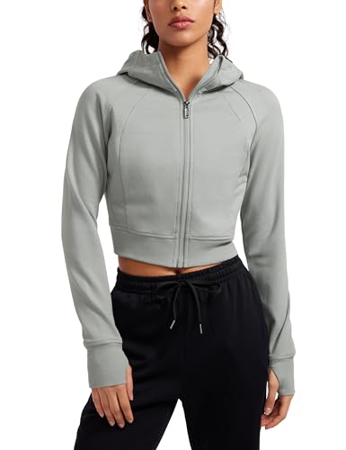 CRZ YOGA Damen Full Reißverschluss Fleece Hoodie Jacke Cropped Running Zip Up Laufjacke Workout Sport Sweatjacke mit Daumenloch Sterling 38 von CRZ YOGA