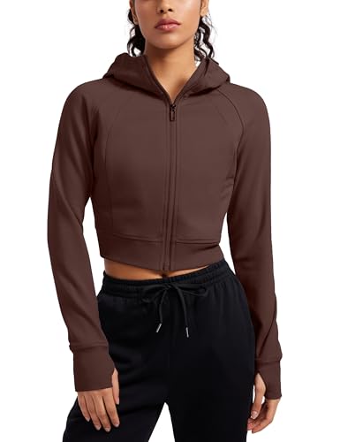 CRZ YOGA Damen Full Reißverschluss Fleece Hoodie Jacke Cropped Running Zip Up Laufjacke Workout Sport Sweatjacke mit Daumenloch Taupe 34 von CRZ YOGA