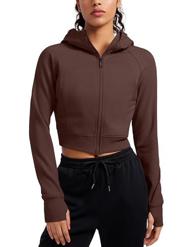 CRZ YOGA Damen Full Reißverschluss Fleece Hoodie Jacke Cropped Running Zip Up Laufjacke Workout Sport Sweatjacke mit Daumenloch Taupe 42 von CRZ YOGA