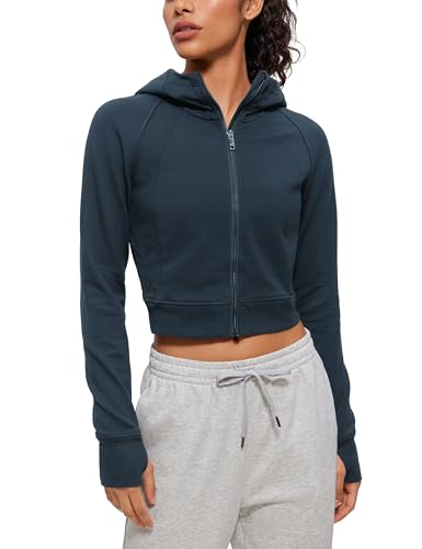 CRZ YOGA Damen Full Reißverschluss Fleece Hoodie Jacke Cropped Running Zip Up Laufjacke Workout Sport Sweatjacke mit Daumenloch Tinte Blau 44 von CRZ YOGA