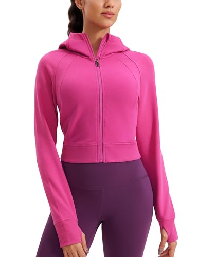 CRZ YOGA Damen Full Reißverschluss Fleece Hoodie Jacke Cropped Running Zip Up Laufjacke Workout Sport Sweatjacke mit Daumenloch Hibiskus-Purpur 38 von CRZ YOGA