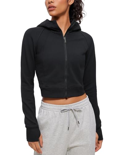 CRZ YOGA Damen Full Reißverschluss Fleece Hoodie Jacke Cropped Running Zip Up Laufjacke Workout Sport Sweatjacke mit Daumenloch Schwarz 40 von CRZ YOGA