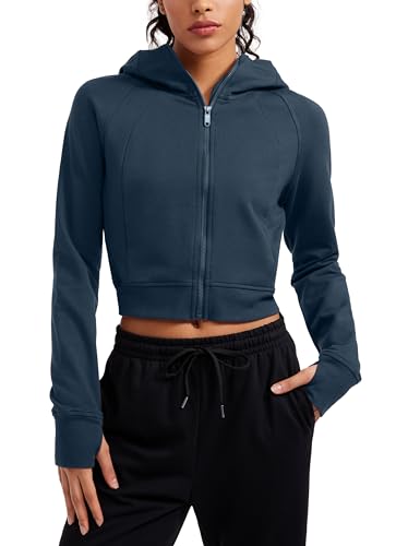 CRZ YOGA Damen Full Reißverschluss Fleece Hoodie Jacke Cropped Running Zip Up Laufjacke Workout Sport Sweatjacke mit Daumenloch Tinte Blau 42 von CRZ YOGA