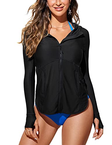 CRZ YOGA Damen Full Zip Hoodie Running Sport Jacke Leichte Langarm Oberteile mit Daumenloch Schwarz 42 von CRZ YOGA