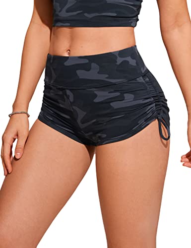 CRZ YOGA Damen High Waist Badeshorts Ruched Side Beach Schwimmshorts Sport Swimsuit Kurze Badehose Dschungeltarnung Grau 36 von CRZ YOGA