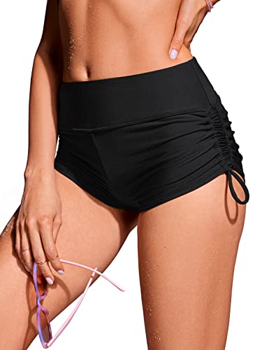 CRZ YOGA Damen High Waist Badeshorts Ruched Side Beach Schwimmshorts Sport Swimsuit Kurze Badehose Schwarz 34 von CRZ YOGA