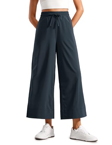 CRZ YOGA Damen High Waist Lose Crop Hose Leichte Dehnbar Lounge Palazzo Pants Jogger Hohe Taille Sporthose Jogginghose mit Taschen Echte Marine 40 von CRZ YOGA