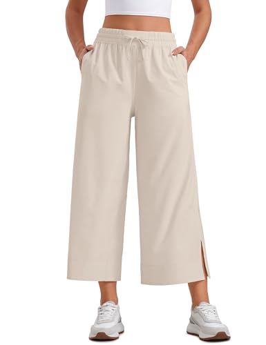 CRZ YOGA Leicht Weites Bein Capri Chinohose Hohe Taille Locker Hose Lässig Lounge Sommer Sporthose mit Taschen - 64cm Mojave-Braun 40 von CRZ YOGA
