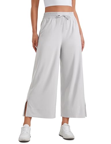 CRZ YOGA Damen High Waist Lose Crop Hose Leichte Dehnbar Lounge Palazzo Pants Jogger Hohe Taille Sporthose Jogginghose mit Taschen Platingrau 40 von CRZ YOGA
