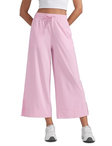 CRZ YOGA Leicht Weites Bein Capri Chinohose Hohe Taille Locker Hose Lässig Lounge Sommer Sporthose mit Taschen - 64cm Rosa Pfingstrose 44 von CRZ YOGA