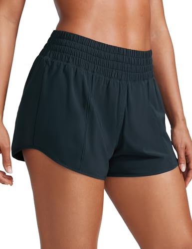 CRZ YOGA Damen High Waist Running Shorts Gym Sporthose Mesh Innenhose Schnelltrocknend Kurz Hose mit Zip Tasche - 6.4cm Echte Marine 38 von CRZ YOGA