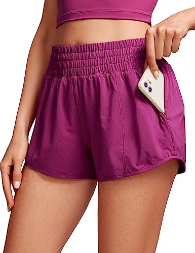 CRZ YOGA Damen High Waist Running Shorts Gym Sporthose Mesh Innenhose Schnelltrocknend Kurz Hose mit Zip Tasche - 6.4cm Magenta Violett 38 von CRZ YOGA