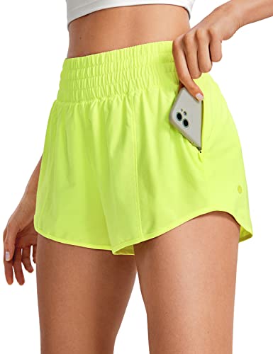 CRZ YOGA Damen High Waist Running Shorts Gym Sporthose Mesh Innenhose Schnelltrocknend Kurz Hose mit Zip Tasche - 6.4cm Neon Gelb 40 von CRZ YOGA