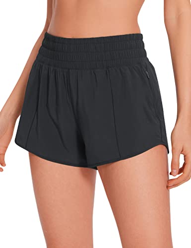 CRZ YOGA Damen High Waist Running Shorts Gym Sporthose Mesh Innenhose Schnelltrocknend Kurz Hose mit Zip Tasche - 6.4cm Schwarz 40 von CRZ YOGA