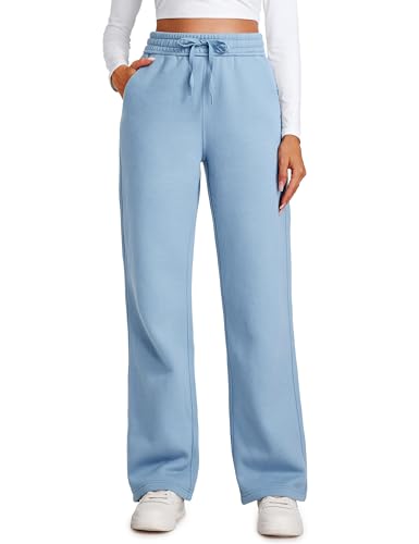 CRZ YOGA Damen Jogginghose Gefütterte Baumwolle Joggers Soft Freizeithose Winter Lounge Hosen mit Taschen Cambric-Blau 42 von CRZ YOGA