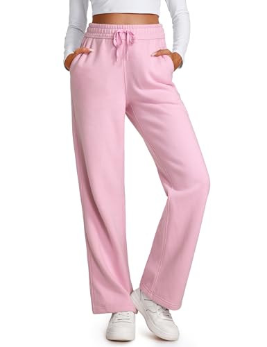 CRZ YOGA Damen Jogginghose Gefütterte Baumwolle Joggers Soft Freizeithose Winter Lounge Hosen mit Taschen Rosa Pfingstrose 42 von CRZ YOGA