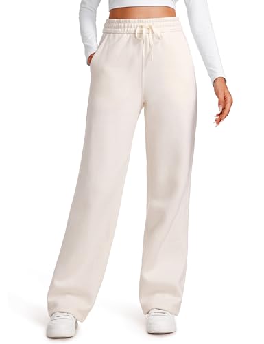 CRZ YOGA Damen Jogginghose Gefütterte Baumwolle Joggers Soft Freizeithose Winter Lounge Hosen mit Taschen Weiße Aprikose 40 von CRZ YOGA