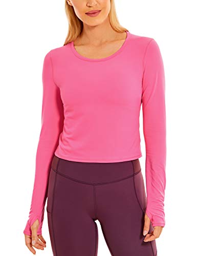 CRZ YOGA Damen Kurz Geschnittene Langarm Athletic Workout Yoga Shirt Crop Top mit Daumenloch Magenta 38 von CRZ YOGA