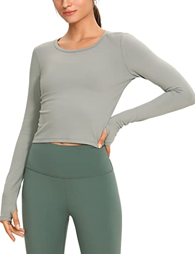 CRZ YOGA Damen Kurz Geschnittene Langarm Athletic Workout Yoga Shirt Crop Top mit Daumenloch Rock grau 40 von CRZ YOGA