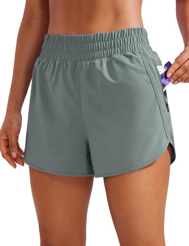 CRZ YOGA Damen Kurz Sporthose Laufhose High Waist Fitness Sport Shorts Kurze Hose mit Reißverschlusstasche Grauer Salbei 40 von CRZ YOGA