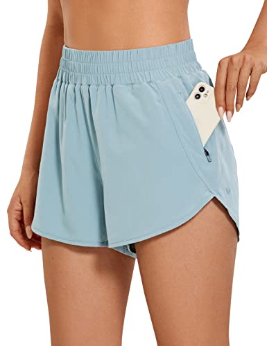 CRZ YOGA Damen Kurz Sporthose Laufhose High Waist Fitness Sport Shorts Kurze Hose mit Reißverschlusstasche Hellgraublau 44 von CRZ YOGA