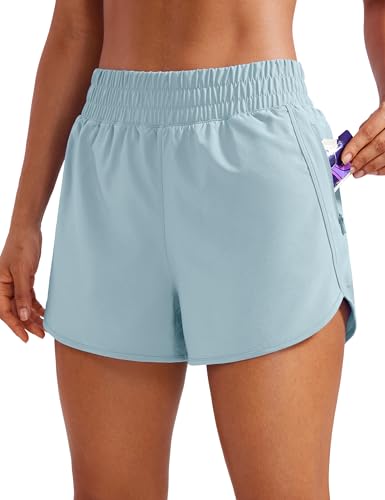 CRZ YOGA Damen Kurz Sporthose Laufhose High Waist Fitness Sport Shorts Kurze Hose mit Reißverschlusstasche Hellgraublau 44 von CRZ YOGA