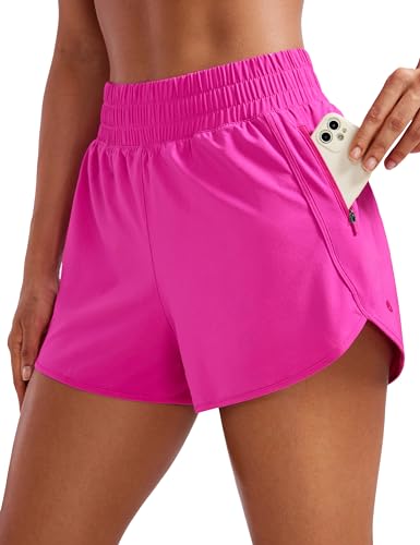 CRZ YOGA Damen Kurz Sporthose Laufhose High Waist Fitness Sport Shorts Kurze Hose mit Reißverschlusstasche Hibiskus-Purpur 42 von CRZ YOGA