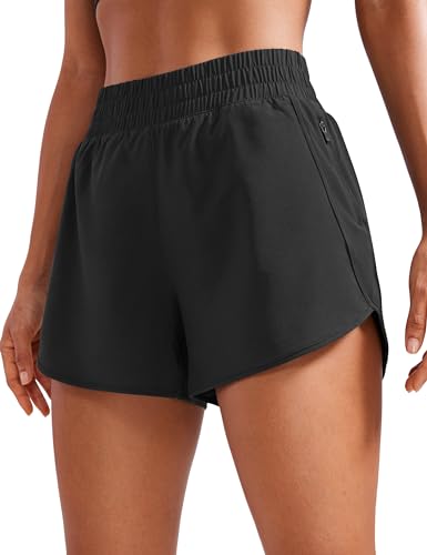 CRZ YOGA Damen Kurz Sporthose Laufhose High Waist Fitness Sport Shorts Kurze Hose mit Reißverschlusstasche Schwarz 40 von CRZ YOGA