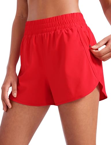 CRZ YOGA Damen Kurz Sporthose Laufhose High Waist Fitness Sport Shorts Kurze Hose mit Reißverschlusstasche Tiefrot 42 von CRZ YOGA