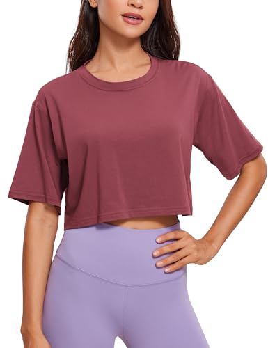 CRZ YOGA Damen Sport T-Shirt Kurzarm Sommer Fitness Crop Oberteile Crew Neck Leichte Yoga Top Atmungsaktiv Laufshirt Misty Merlot 36 von CRZ YOGA