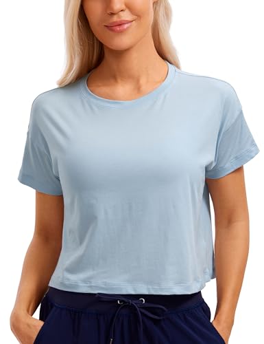 CRZ YOGA Damen Kurzarm Sport Tshirt Loose Baumwolle Fitness Crop Top Sommer Gym Workout Cropped Oberteile Blaues Leinen 40 von CRZ YOGA