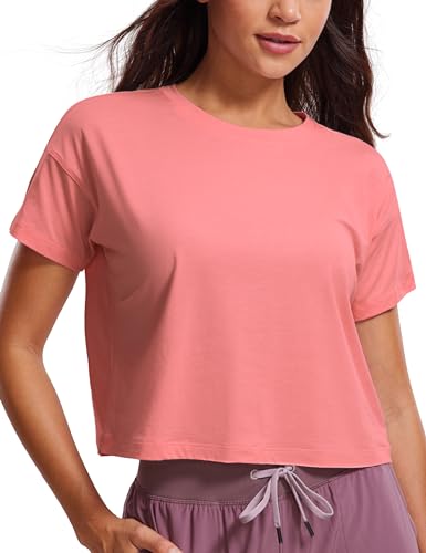 CRZ YOGA Damen Kurzarm Sport Tshirt Loose Baumwolle Fitness Crop Top Sommer Gym Workout Cropped Oberteile Briar Rose 38 von CRZ YOGA