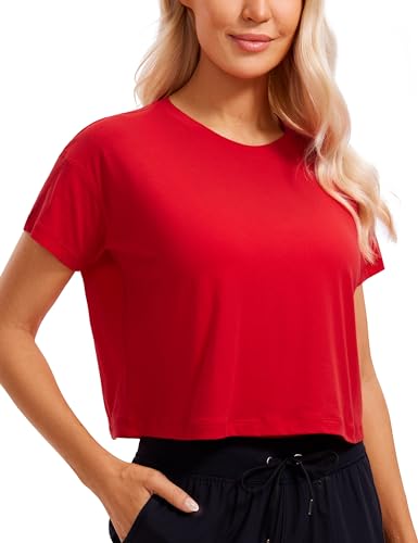 CRZ YOGA Damen Kurzarm Sport Tshirt Loose Baumwolle Fitness Crop Top Sommer Gym Workout Cropped Oberteile Festival Rot 36 von CRZ YOGA