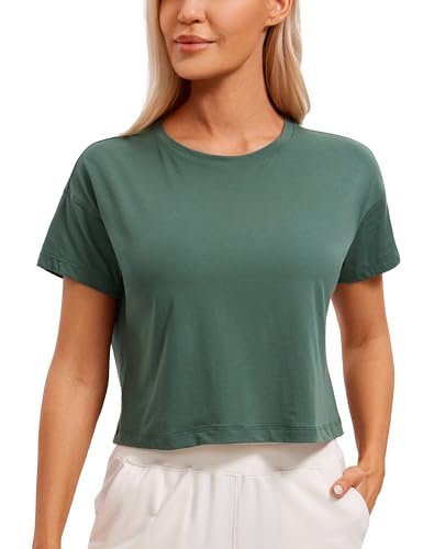 CRZ YOGA Damen Kurzarm Sport Tshirt Loose Baumwolle Fitness Crop Top Sommer Gym Workout Cropped Oberteile Graphitgrün 36 von CRZ YOGA