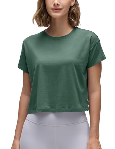 CRZ YOGA Damen Kurzarm Sport Tshirt Loose Baumwolle Fitness Crop Top Sommer Gym Workout Cropped Oberteile Graphitgrün 36 von CRZ YOGA