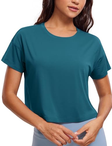 CRZ YOGA Damen Kurzarm Sport Tshirt Loose Baumwolle Fitness Crop Top Sommer Gym Workout Cropped Oberteile Grüne Jade 44 von CRZ YOGA