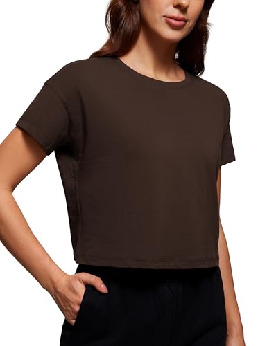 CRZ YOGA Damen Kurzarm Sport Tshirt Loose Baumwolle Fitness Crop Top Sommer Gym Workout Cropped Oberteile Heißes Fudge-Brown 44 von CRZ YOGA