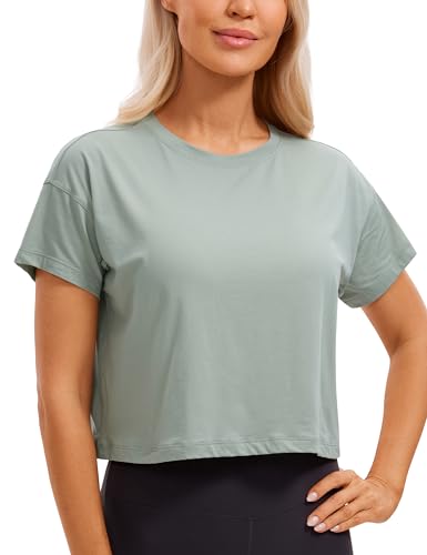 CRZ YOGA Damen Kurzarm Sport Tshirt Loose Baumwolle Fitness Crop Top Sommer Gym Workout Cropped Oberteile Jade Gray 36 von CRZ YOGA