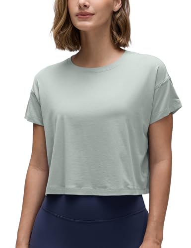 CRZ YOGA Damen Kurzarm Sport Tshirt Loose Baumwolle Fitness Crop Top Sommer Gym Workout Cropped Oberteile Jade Gray 42 von CRZ YOGA